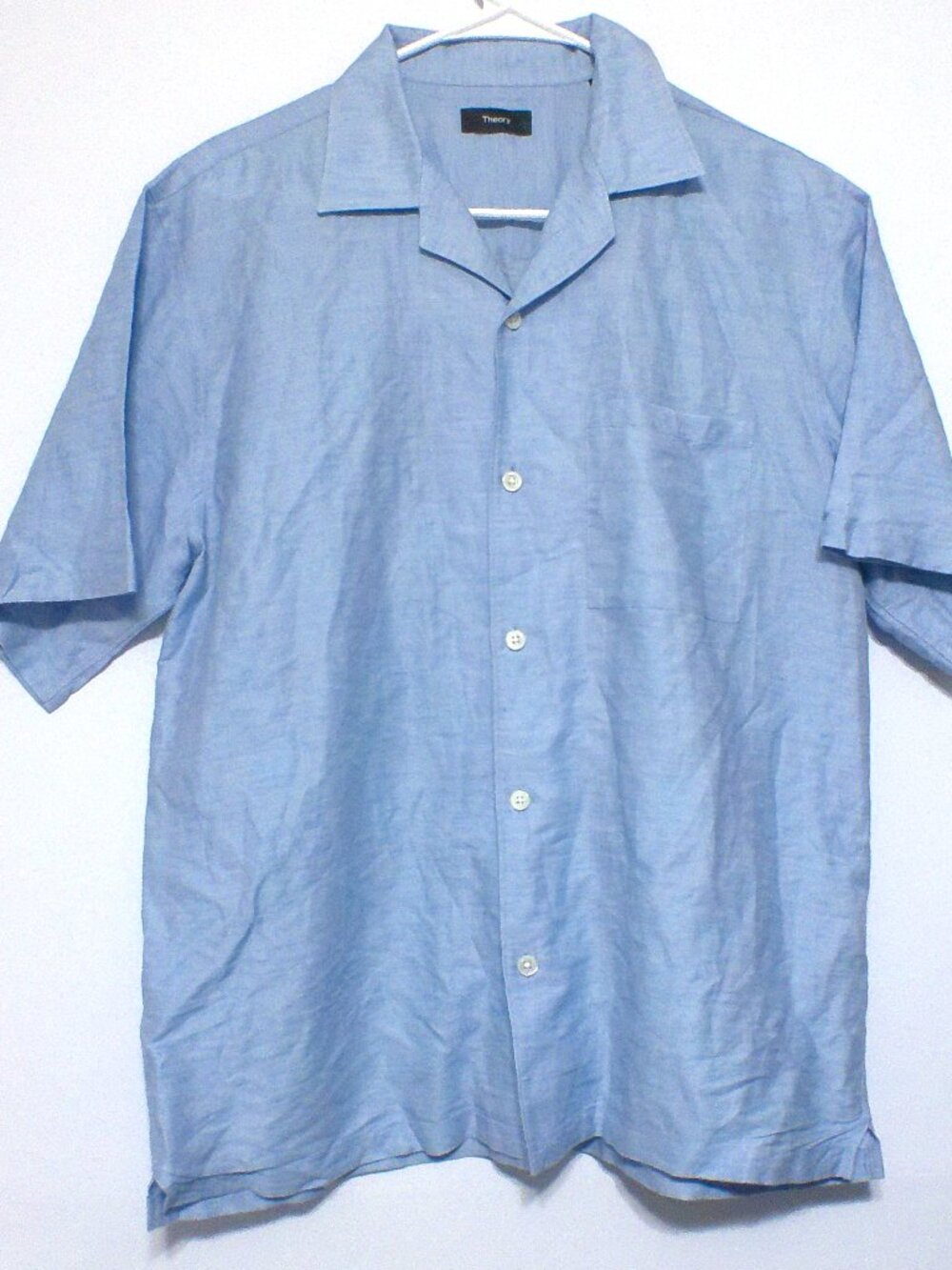Theory Men's Medium Linen Cotton Camp Shirt Light Blue Short Sleeve Button Front